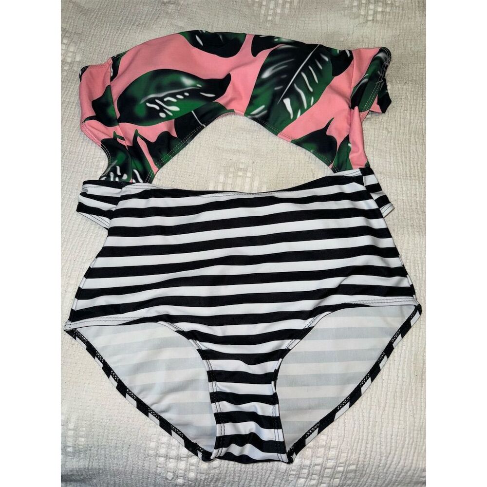 Cupshe Women's One Piece Swimsuit S Striped Leaf Print Halter Padded Cut-Out